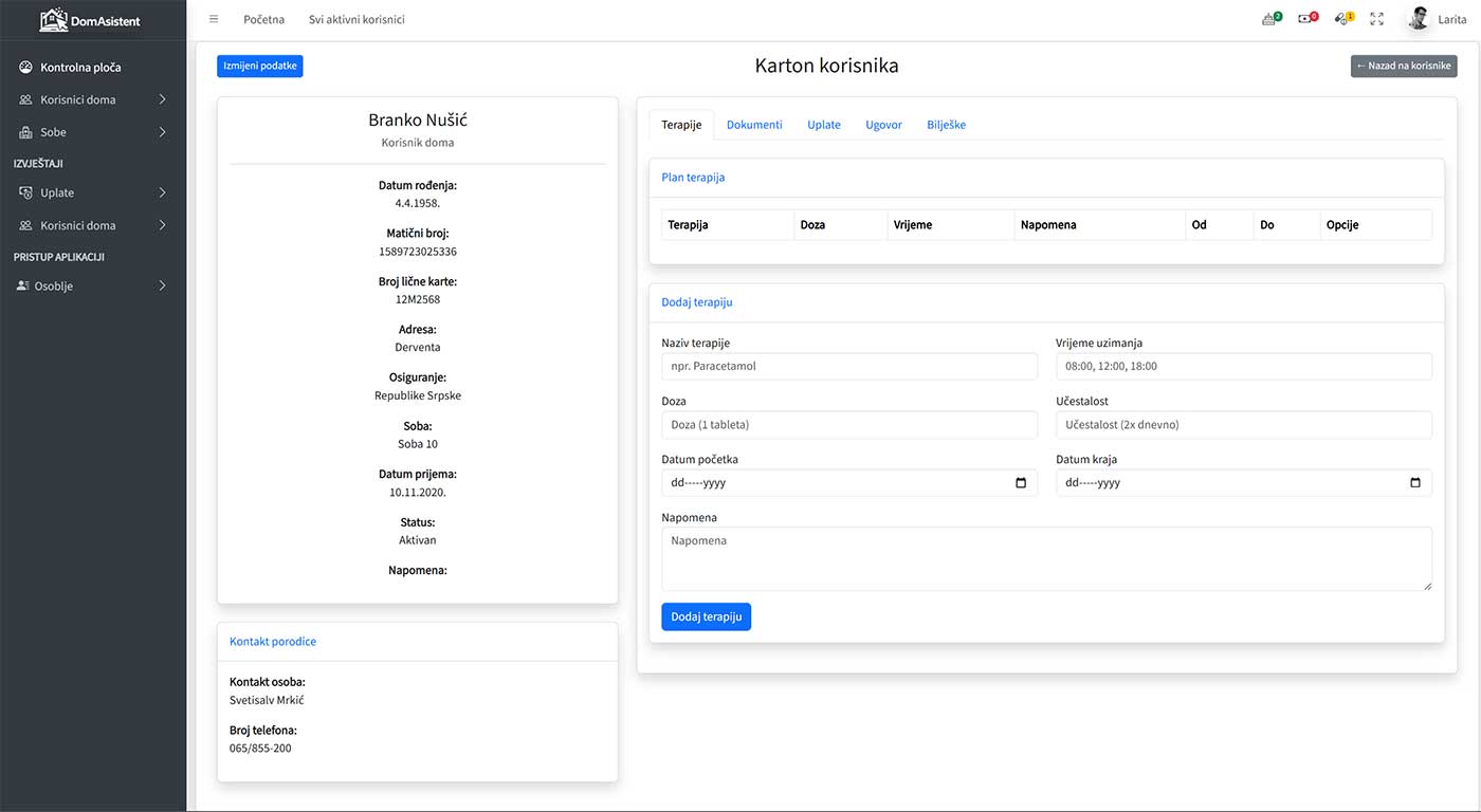 Digitalni karton korisnika u softveru DomAsistent